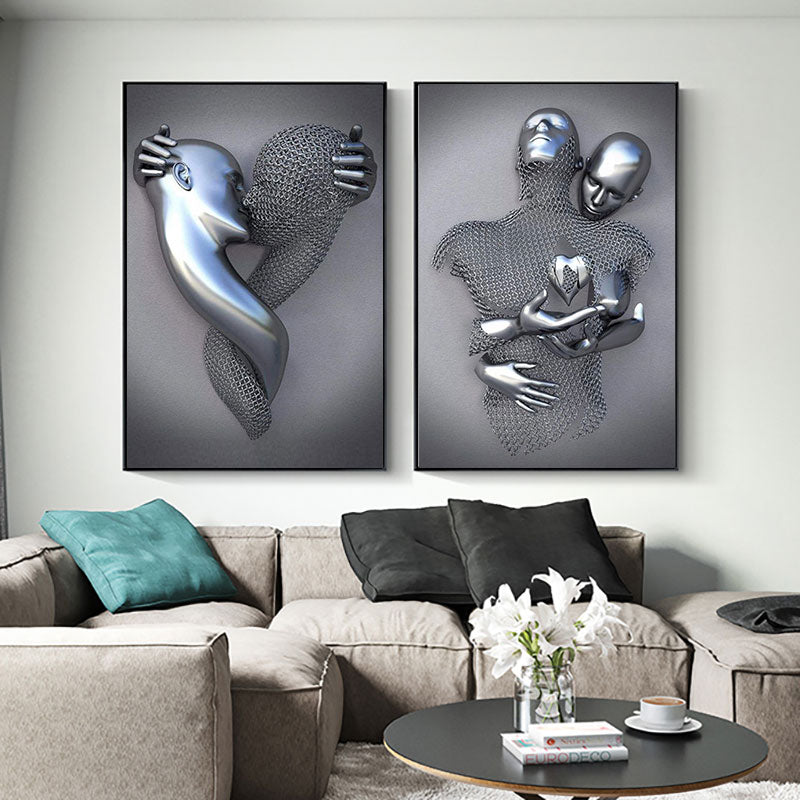 3D Love Heart Grey Metal Figure Statue Modern Painting on Canvas