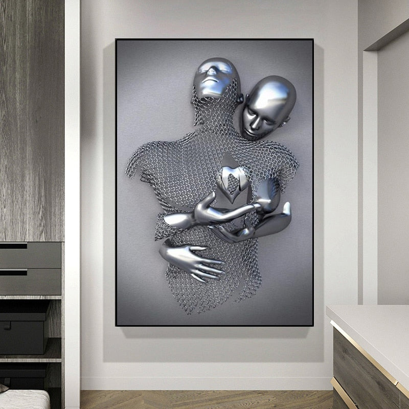 3D Love Heart Grey Metal Figure Statue Modern Painting on Canvas
