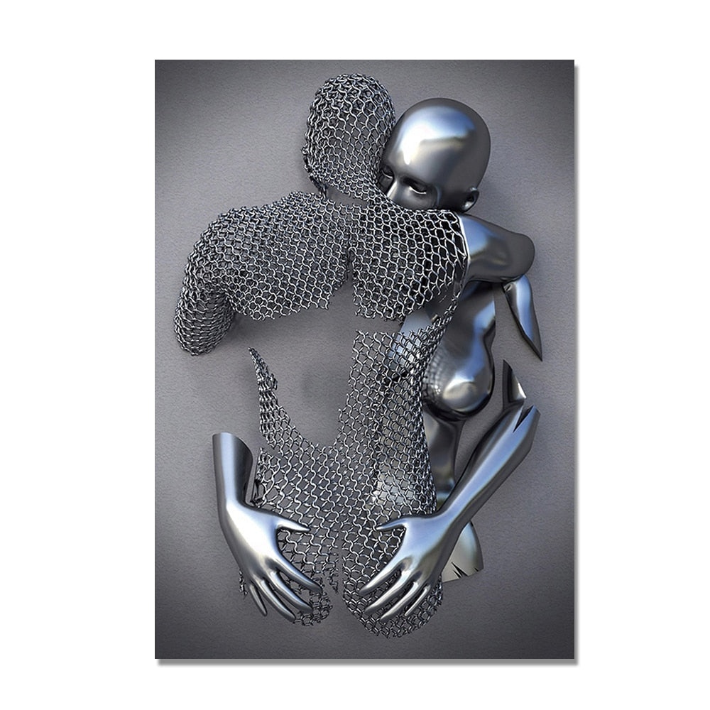 3D Love Heart Grey Metal Figure Statue Modern Painting on Canvas