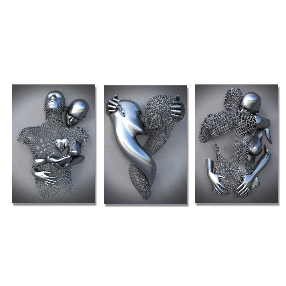 3D Love Heart Grey Metal Figure Statue Modern Painting on Canvas