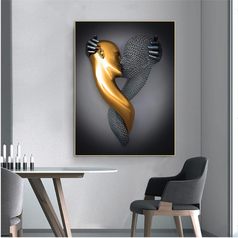 Black and Gold Love Heart Figure Statue Canvas Modern Painting