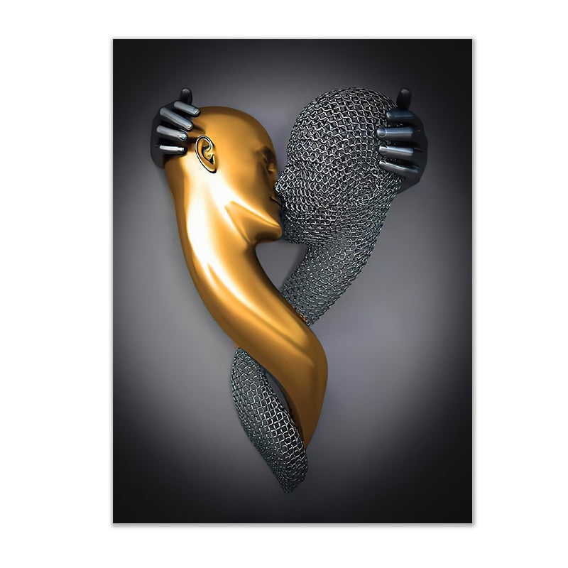 Black and Gold Love Heart Figure Statue Canvas Modern Painting