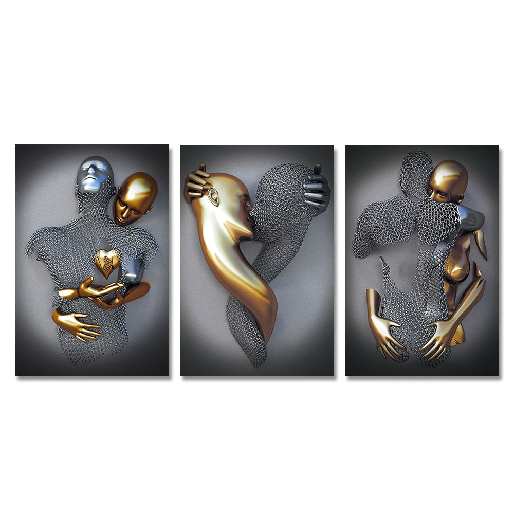 Black and Gold Love Heart Figure Statue Canvas Modern Painting