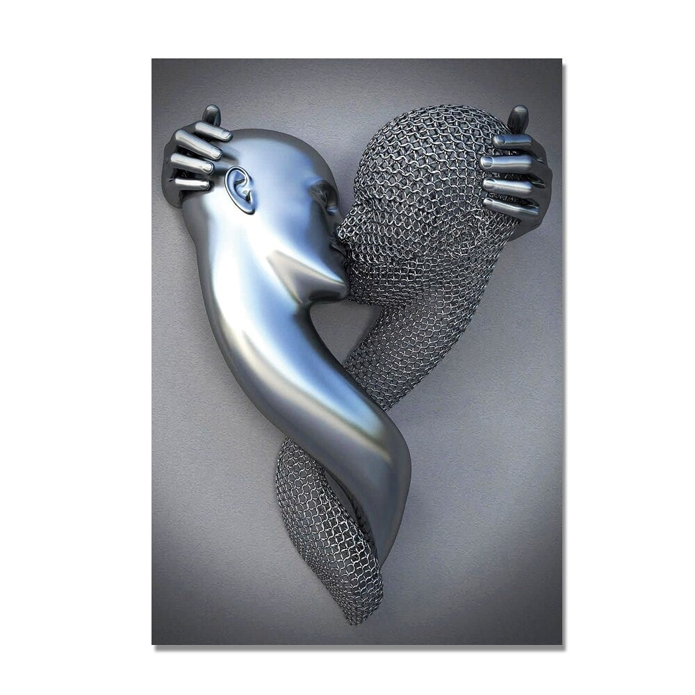3D Love Heart Grey Metal Figure Statue Modern Painting on Canvas