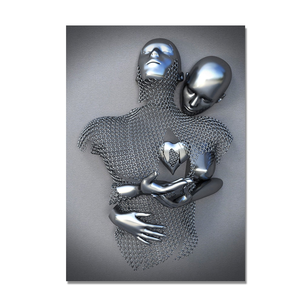 3D Love Heart Grey Metal Figure Statue Modern Painting on Canvas