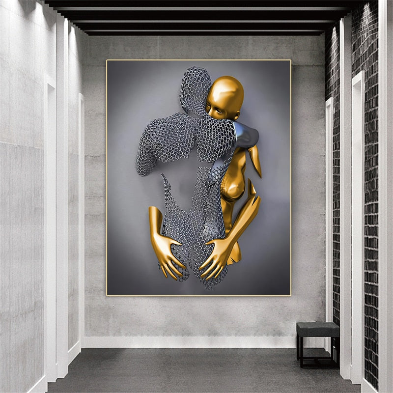 Black and Gold Love Heart Figure Statue Canvas Modern Painting