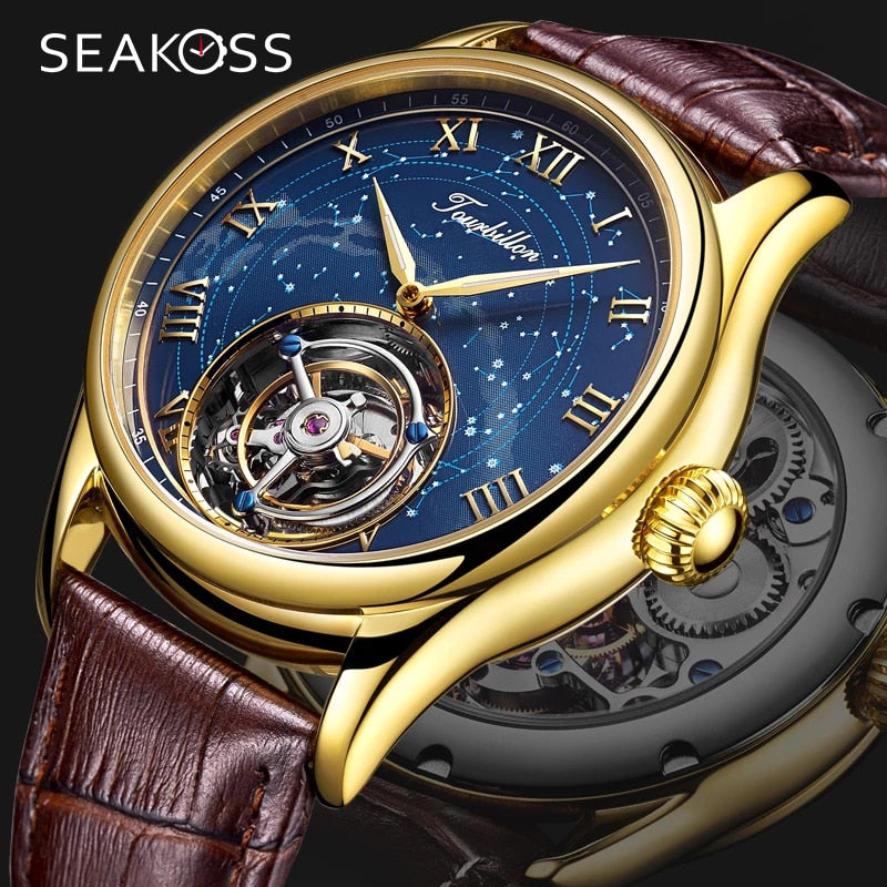 Original Seagull Tourbillon Watch for Men / Sapphire Starry Sky Dial SEAKOSS Tourbillon Movement Mechanical Watch for Men