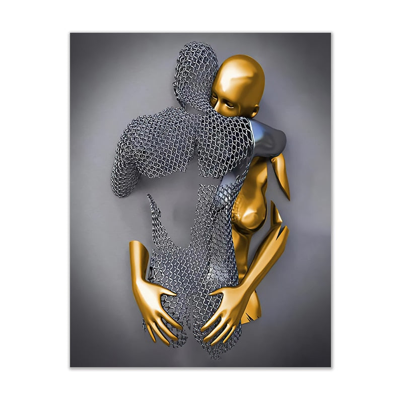 Black and Gold Love Heart Figure Statue Canvas Modern Painting