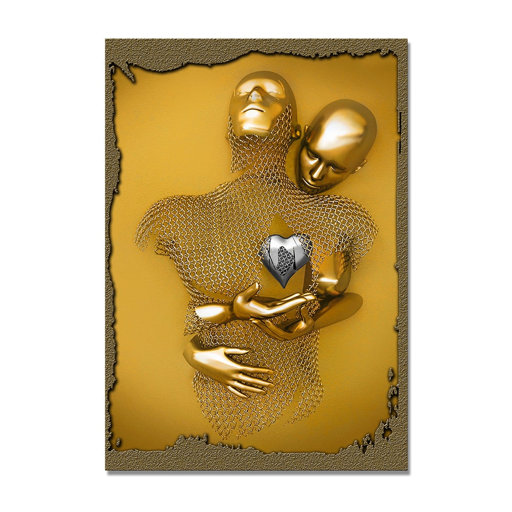 3D Love Heart Grey Metal Figure Statue Modern Painting on Canvas