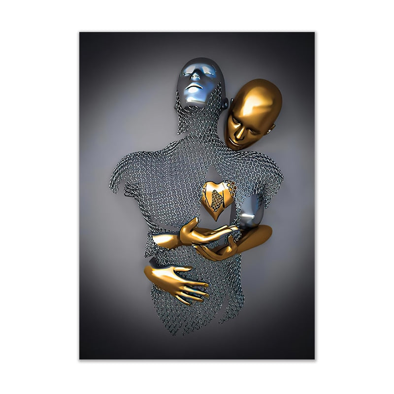Black and Gold Love Heart Figure Statue Canvas Modern Painting