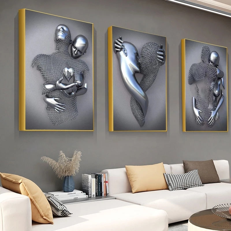 3D Love Heart Grey Metal Figure Statue Modern Painting on Canvas
