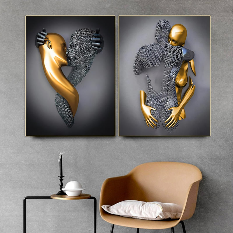 Black and Gold Love Heart Figure Statue Canvas Modern Painting